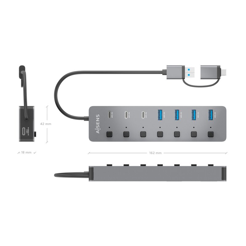 AISENS ASUC-8P043-GR interface hub USB 3.2 Gen 1 (3.1 Gen 1) Type-A 5000 Mbit/s Grey