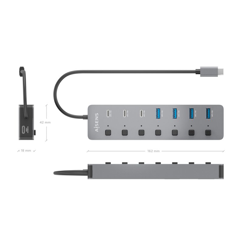 HUB AISENS USB3.2 Gen2 10G USB-C-4xUSB-A 3xUSB-C 1xUSB-C PD3.0 100W 30CM