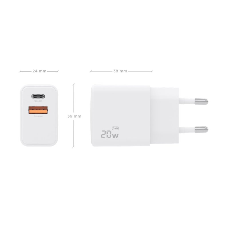 CARGADOR AISENS GaN 20W 1xUSB-C PD3.0 1xUSB-A QC3.0 BLANCO