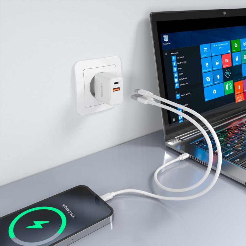 CARGADOR AISENS GaN 20W 1xUSB-C PD3.0 1xUSB-A QC3.0 BLANCO