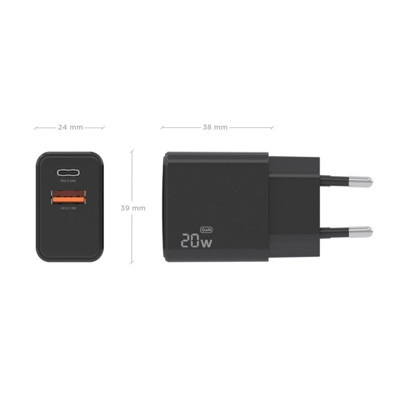 CARGADOR AISENS GaN 20W 1xUSB-C PD3.0 1xUSB-A QC3.0 NEGRO