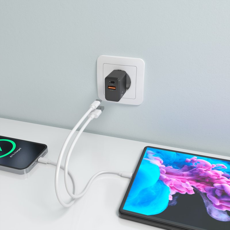 CARGADOR AISENS GaN 20W 1xUSB-C PD3.0 1xUSB-A QC3.0 NEGRO
