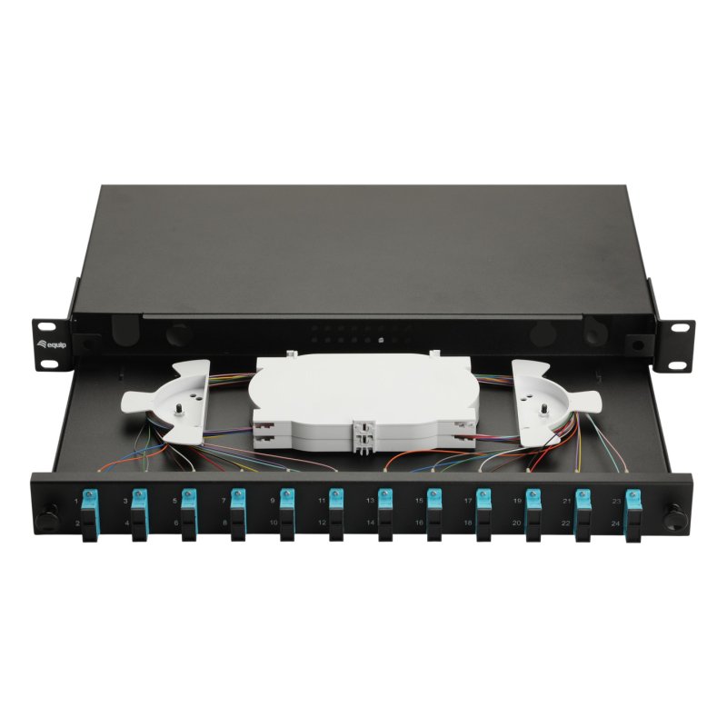 Equip 12-Port Fiber Optic Splice Box, SC Duplex, OM3, 1U, Equipped, Black