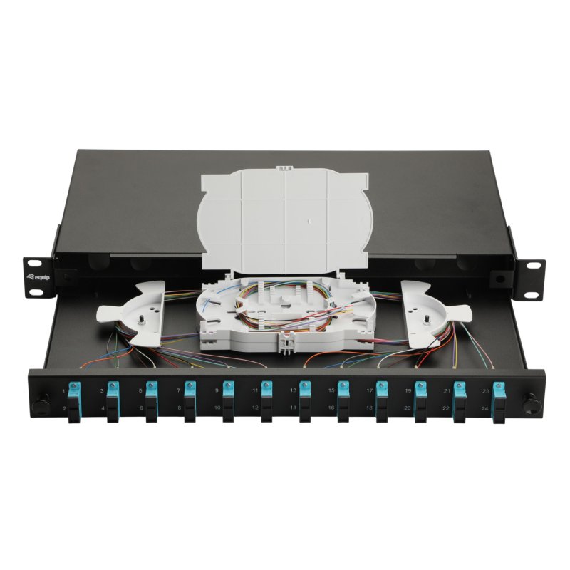 Equip 12-Port Fiber Optic Splice Box, SC Duplex, OM3, 1U, Equipped, Black