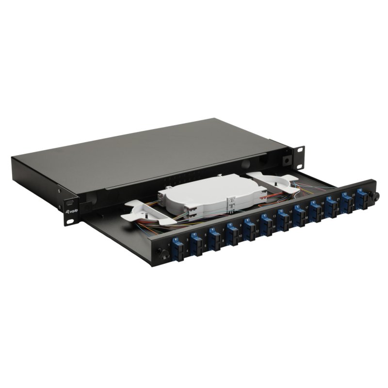 Equip 12-Port Fiber Optic Splice Box, SC Duplex, OS2, 1U, Equipped, Black