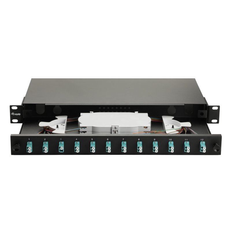 Equip 12-Port Fiber Optic Splice Box, LC Duplex, OM3, 1U, Equipped, Black