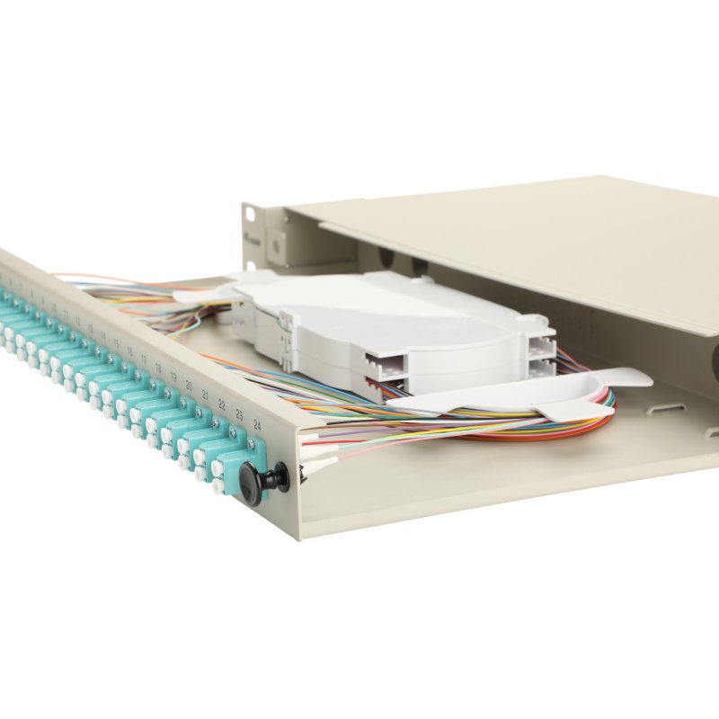 Equip 24-Port Fiber Optic Splice Box, LC Duplex, OM3, 1U, Equipped, Grey