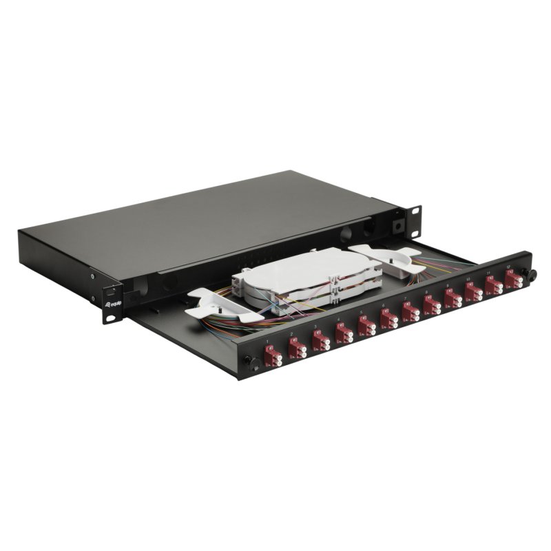 Equip 12-Port Fiber Optic Splice Box, LC Duplex,OM4, 1U, Equipped, Black
