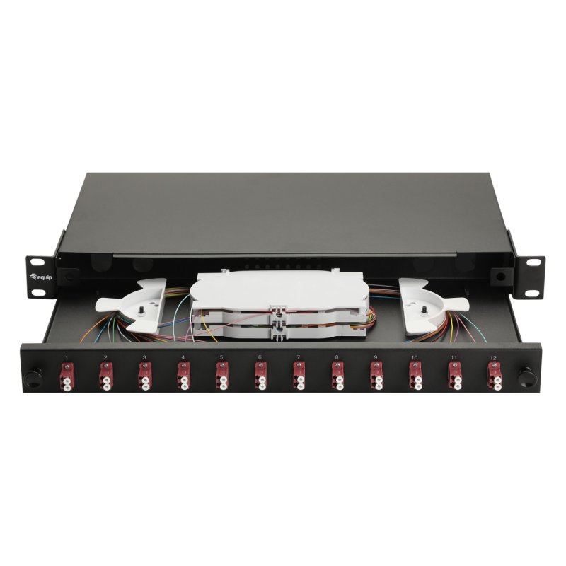 Equip 12-Port Fiber Optic Splice Box, LC Duplex,OM4, 1U, Equipped, Black