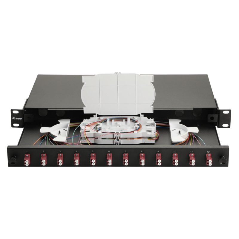 Equip 12-Port Fiber Optic Splice Box, LC Duplex,OM4, 1U, Equipped, Black