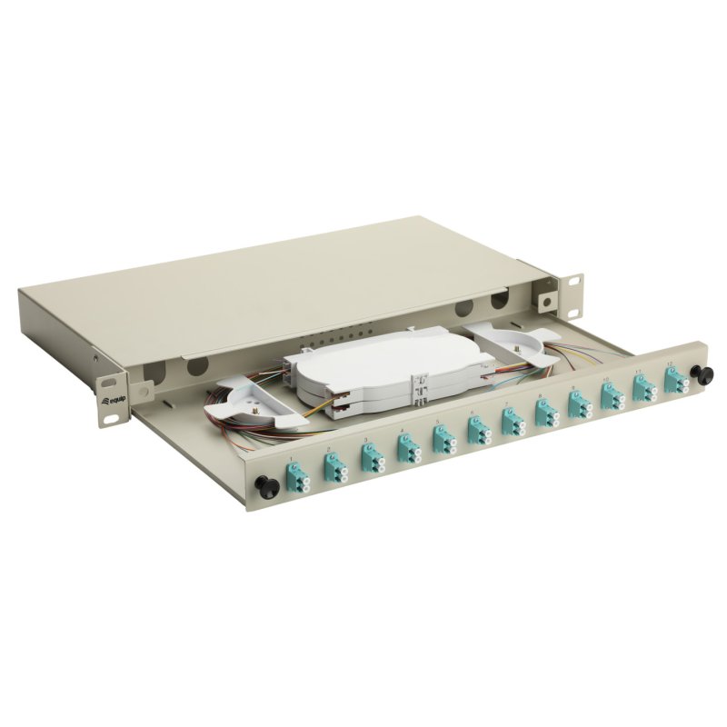 Equip 12-Port Fiber Optic Splice Box, LC Duplex, OM3, 1U, Equipped, Grey