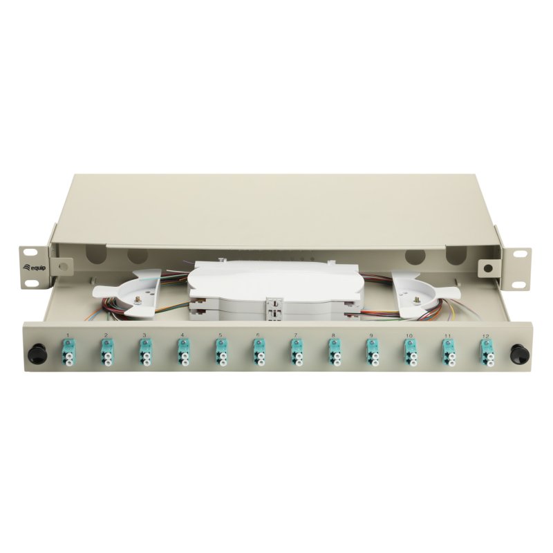 Equip 12-Port Fiber Optic Splice Box, LC Duplex, OM3, 1U, Equipped, Grey