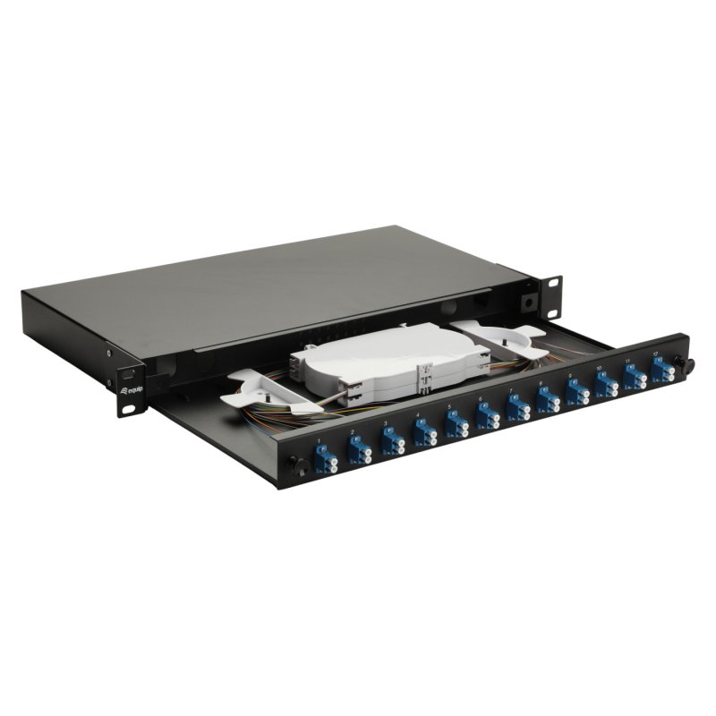 Equip 12-Port Fiber Optic Splice Box, LC Duplex, OS2, 1U, Equipped, Black