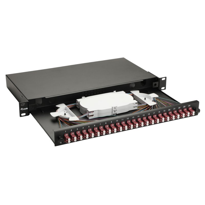 Equip 24-Port Fiber Optic Splice Box, LC Duplex, OM4, 1U, Equipped, Black