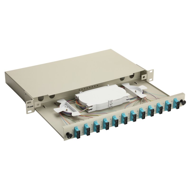Equip 12-Port Fiber Optic Splice Box, SC Duplex, OM3, 1U, Equipped, Grey