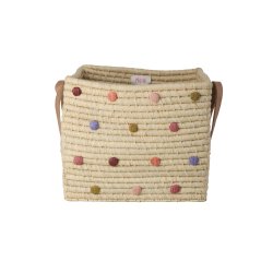 Rice - Raffia Square Basket with Dots and Leather Handles