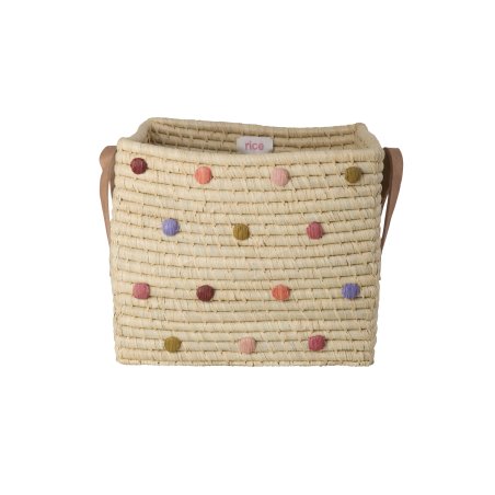Rice - Raffia Square Basket with Dots and Leather Handles