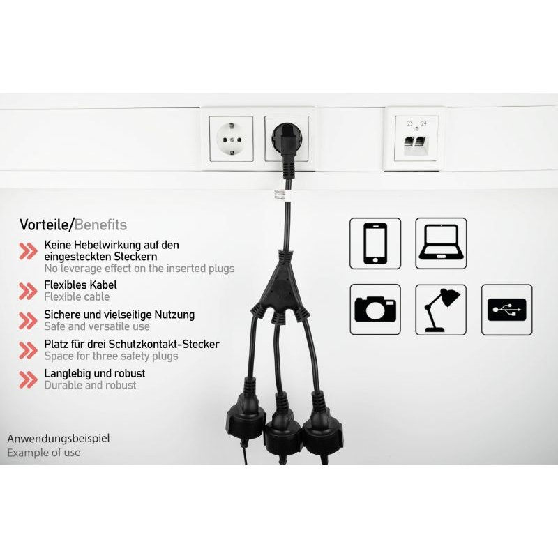Kabelmeister SK0103-S002 câble électrique Noir 0,2 m Prise d'alimentation type E F 3 x coupleur c13