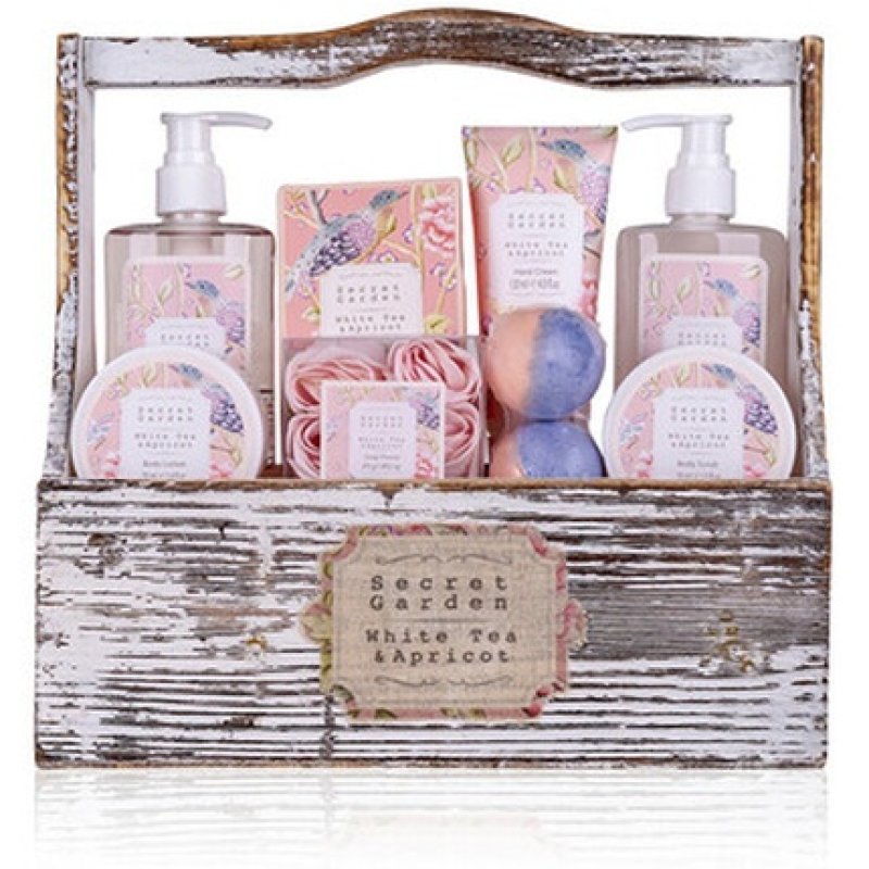 Accentra Secret Garden Gift Set 8-Piece Bath and Shower Set with White Tea & Apricot Fragrance - Decorative Wooden