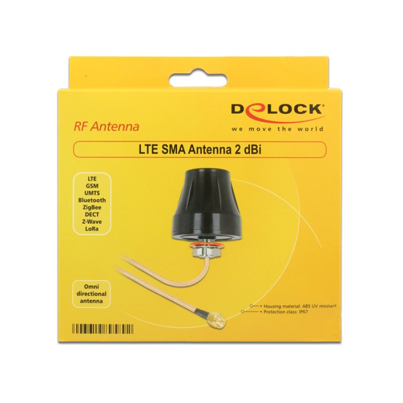 DELOCK LTE Antenne SMA Stecker 2 dBi starr omnidirektional mit Anschlusskabel RG-316U 3m outdoor schwarz