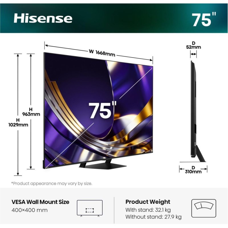 190,5 cm (75") 3840 x 2160 Pixel Hisense Germany GmbH 20019322 16:9 4K Ultra HD DLED 8 ms SmartTV HDMI VESA 400 x 400