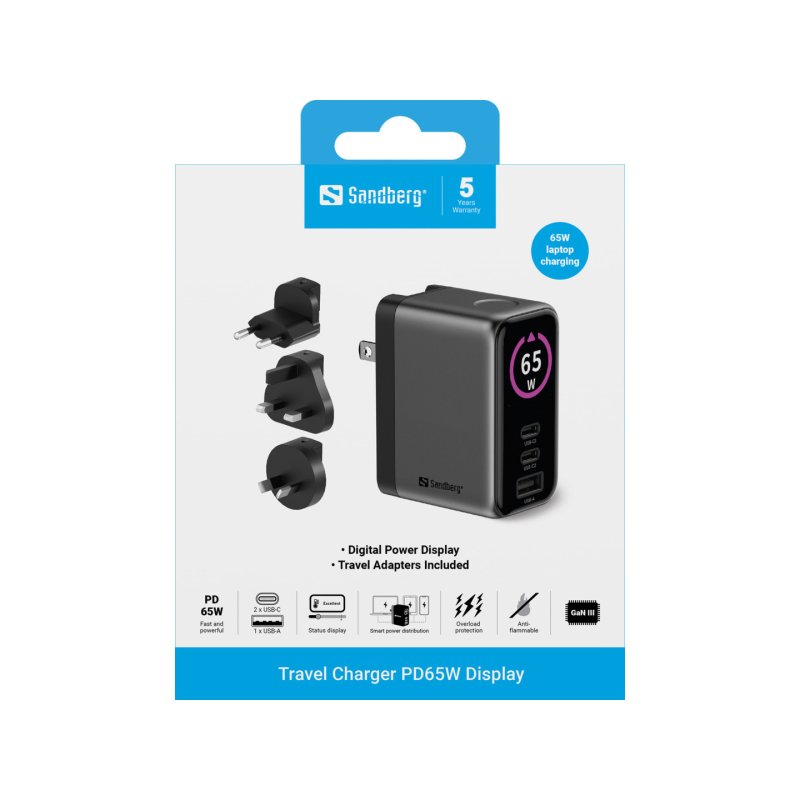 Sandberg Travel Charger PD65W Display
