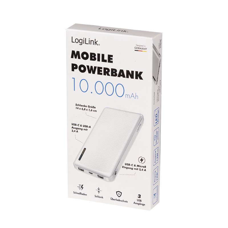 LogiLink Power Bank 10000mAh 1xUSB-C 2x USB-A White
