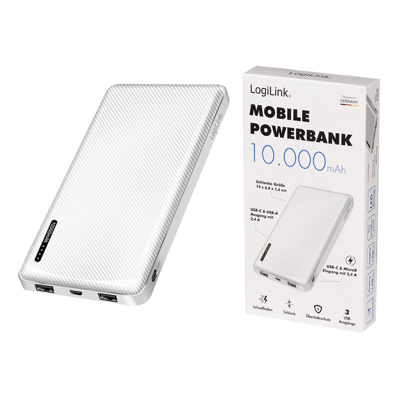 LogiLink Power Bank 10000mAh 1xUSB-C 2x USB-A White
