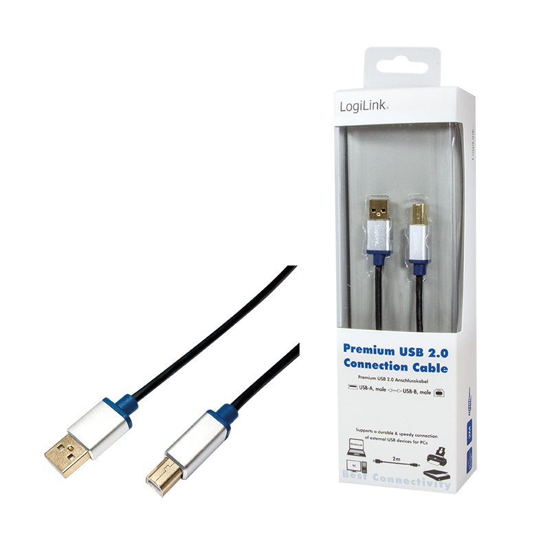 LogiLink 2m, USB2.0-A/USB2.0-B câble USB USB A USB B 0,48 Gbit/s Noir