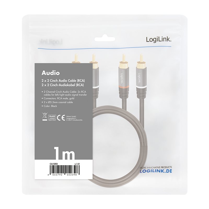 Audio cable, 2x RCA/M to 2x RCA/M, metal, black, 1 m