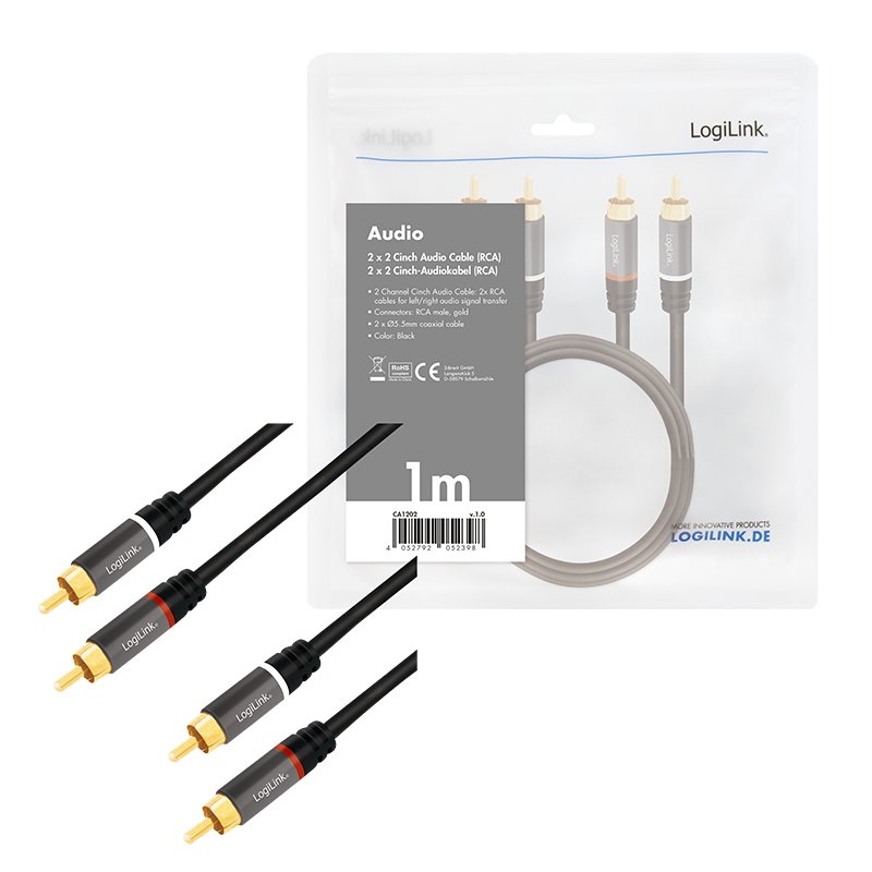 Audio cable, 2x RCA/M to 2x RCA/M, metal, black, 1 m