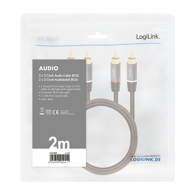 LogiLink CA1204 audio cable 2 m 2 x RCA Black