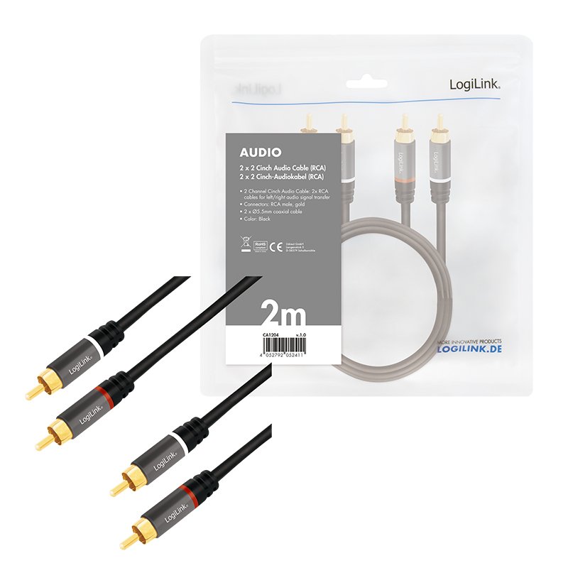 LogiLink CA1204 audio cable 2 m 2 x RCA Black