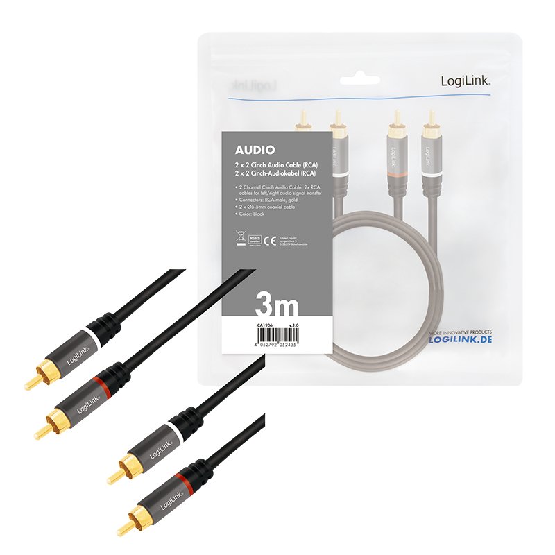 LogiLink CA1206 câble audio 3 m 2 x RCA Noir