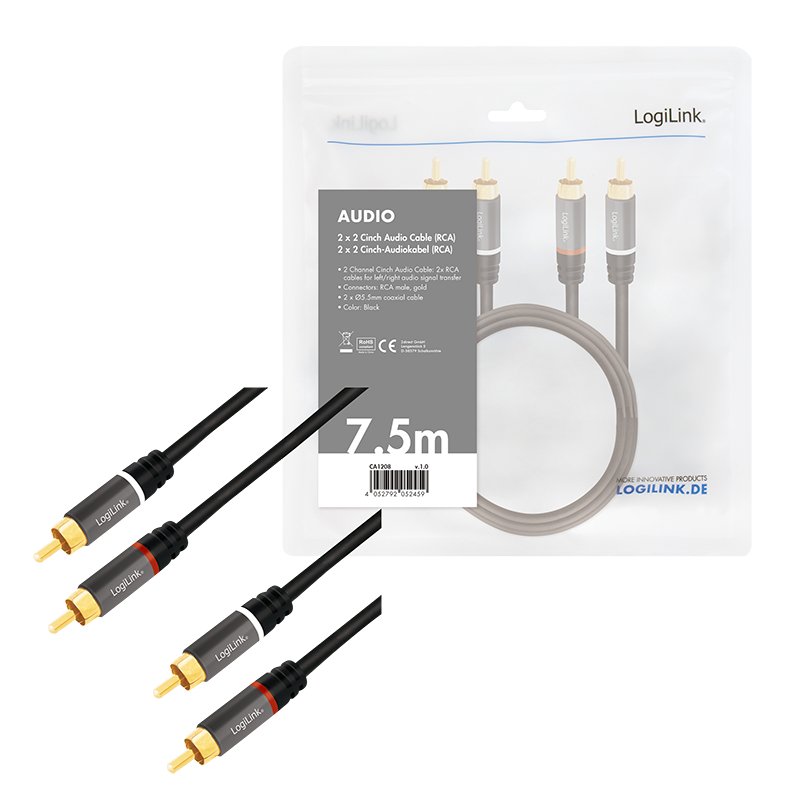 Audio cable, 2x RCA/M to 2x RCA/M, metal, black, 7.5 m