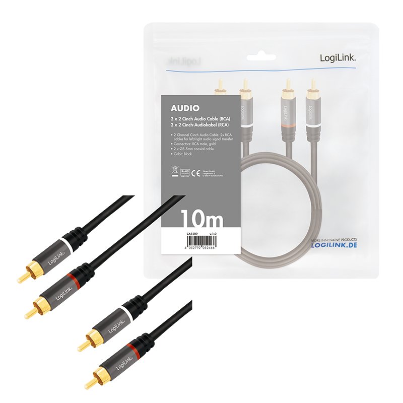 Audio cable, 2x RCA/M to 2x RCA/M, metal, black, 10 m