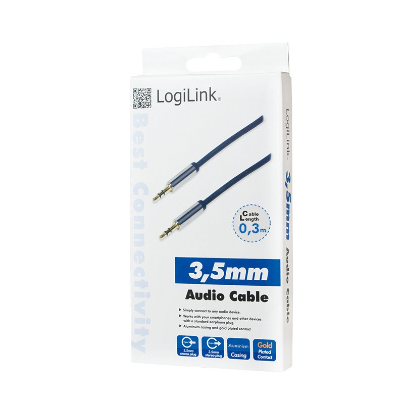 Audio cable, 3.5 mm 3-pin/M to 3.5 mm 3-pin/M, metal, blue, 0.3 m