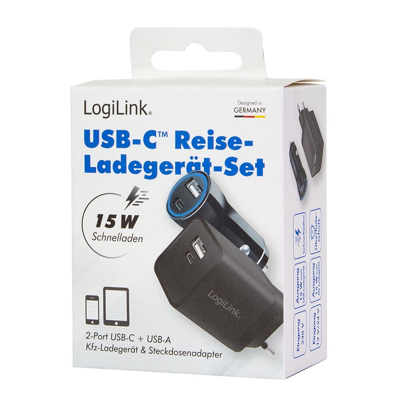 Logilink USB-A/C Charging Kit, 15 W, each 1x USB-A, 1x USB-C, Black