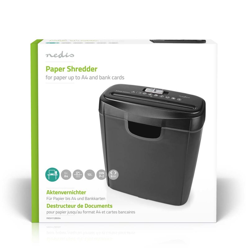 Nedis Aktenvernichter Streifenschnitt 6x A4-Seiten | 10 l | Sicherheitsnorm: DIN 2 | Schwarz