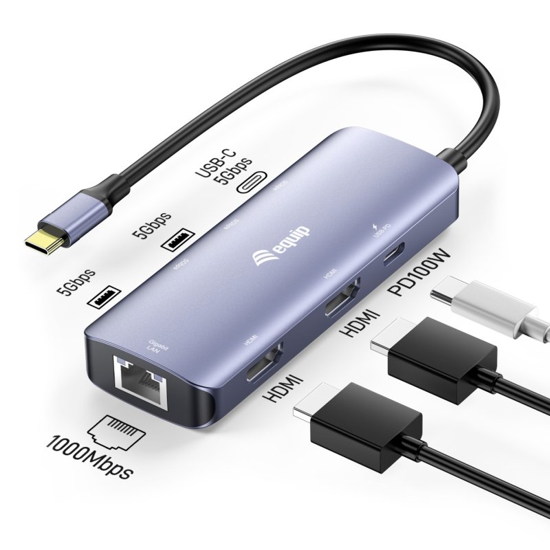Equip Adapter USB-C-2xHDMI/RJ45/2xUSB-A/USB-C3.2 St/Bu grau
