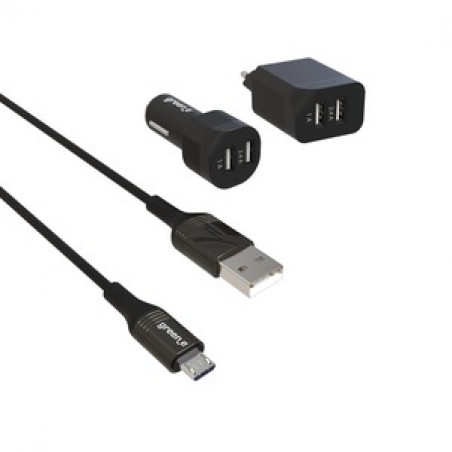 GREEN_E KIT FAST CHARGE VOITURE + SECTEUR + CABLE MICRO USB NOIR 1M30