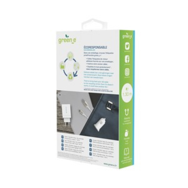 GREEN_E KIT 2USB FASTCHARGE CAR + SECTEUR + CABLE MFI 1.3M BLANC