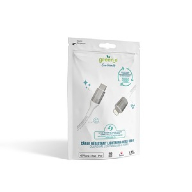 GREEN_E CABLE LIGHTNING TYPE C 1M20 TRESSE AVEC ATTACHE BLANC