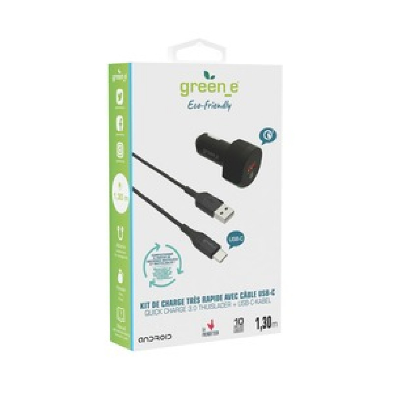 GREEN_E CHARGEUR VOITURE QC 3.0 1 USB + CABLE TYPE C 13M BLANC