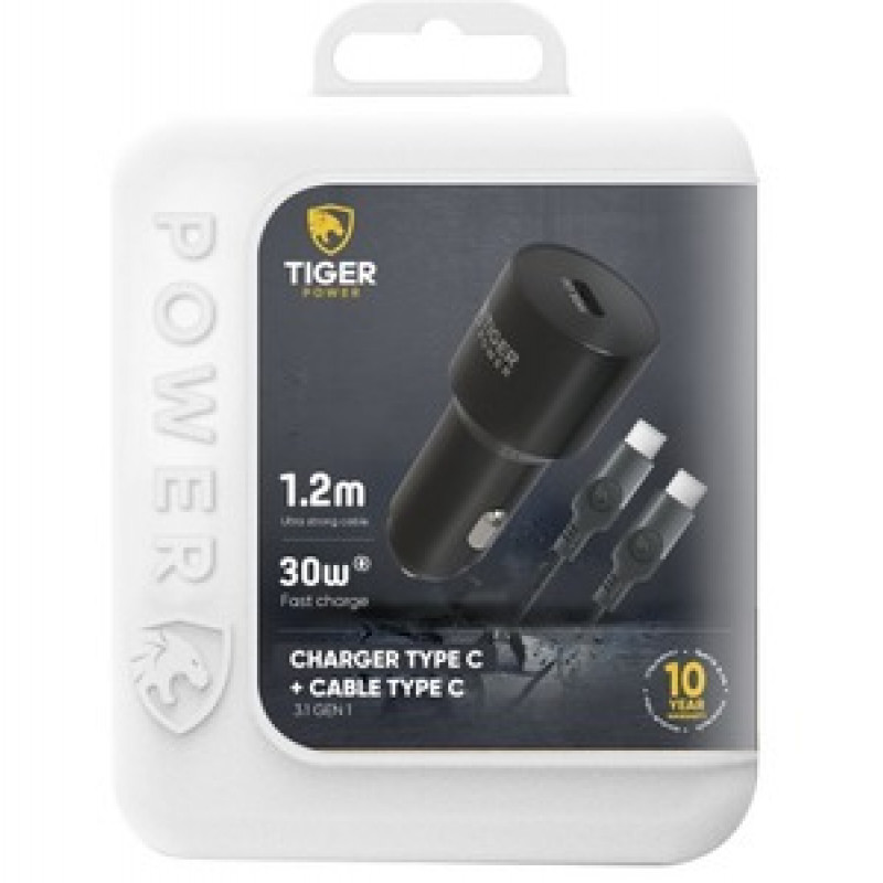 TIGER POWER CHARG. VOITURE PD 30W+CABLE USB C/USB C 3.1 GEN1 1.2M