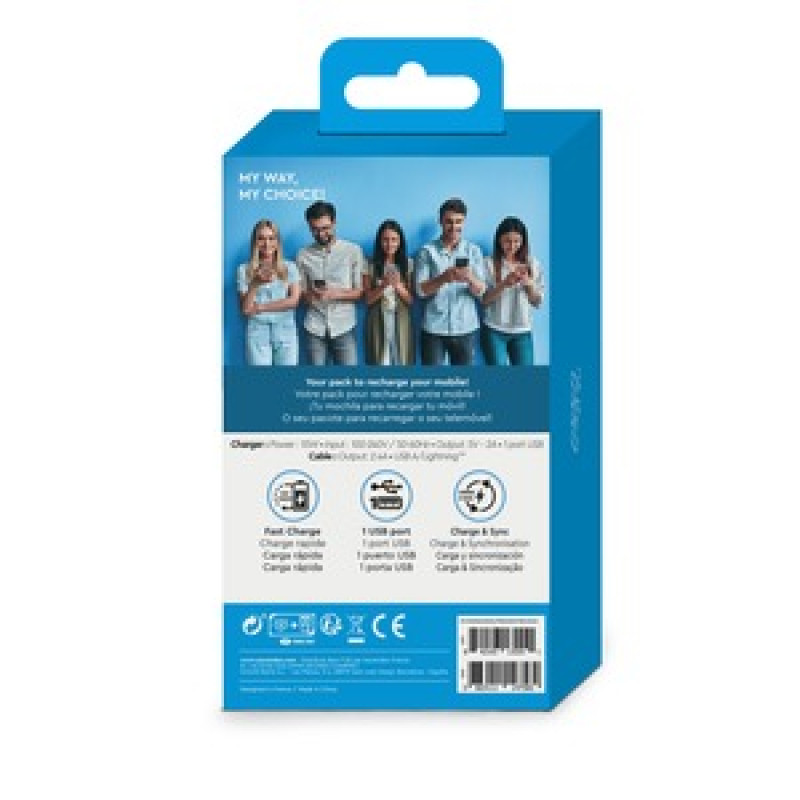 MYWAY PACK CHARGEUR SECTEUR 2A + CABLE LIGHTNING MFI 1M BLANC