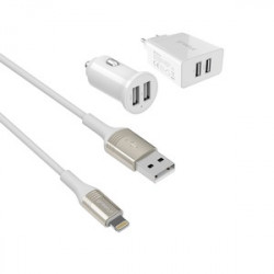 GREEN_E KIT 2USB FASTCHARGE CAR + SECTEUR + CABLE MFI 13M BLANC