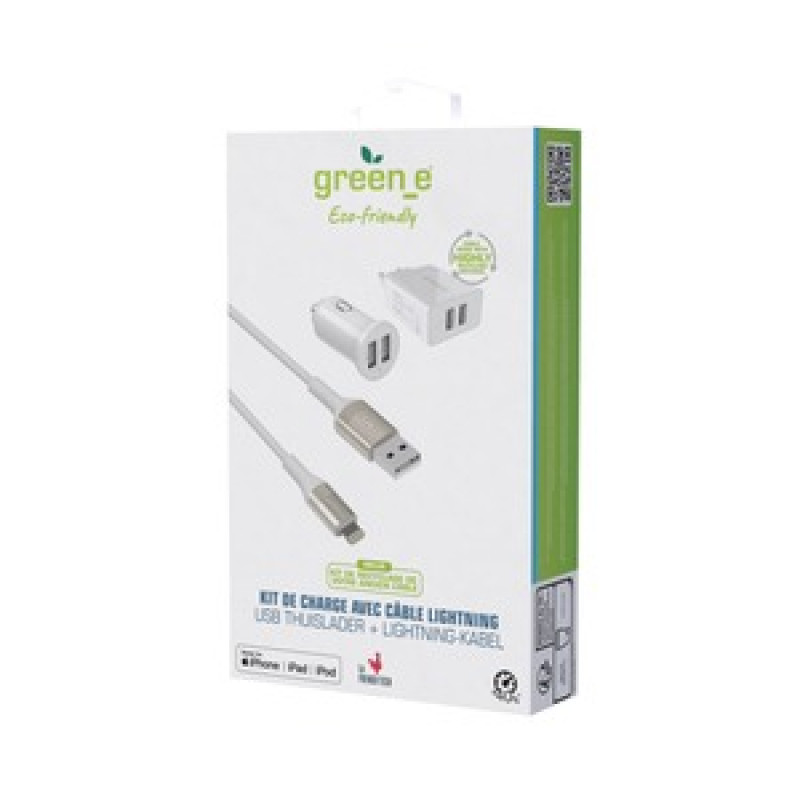 GREEN_E KIT 2USB FASTCHARGE CAR + SECTEUR + CABLE MFI 13M BLANC