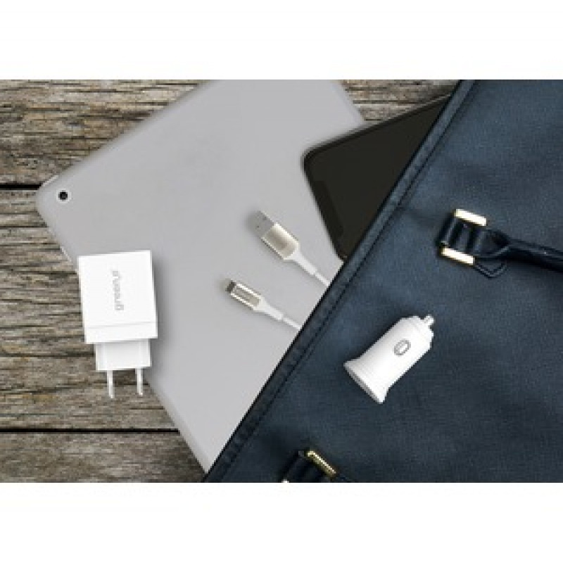 GREEN_E KIT 2USB FASTCHARGE CAR + SECTEUR + CABLE MFI 13M BLANC