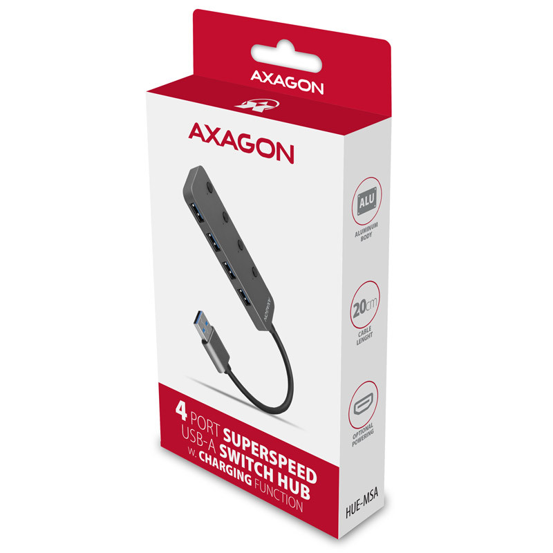 AXAGON compatible HUE-MSA Superspeed USB-A Switch Hub, 4x USB 3.0, aktiv - 20cm, schwarz